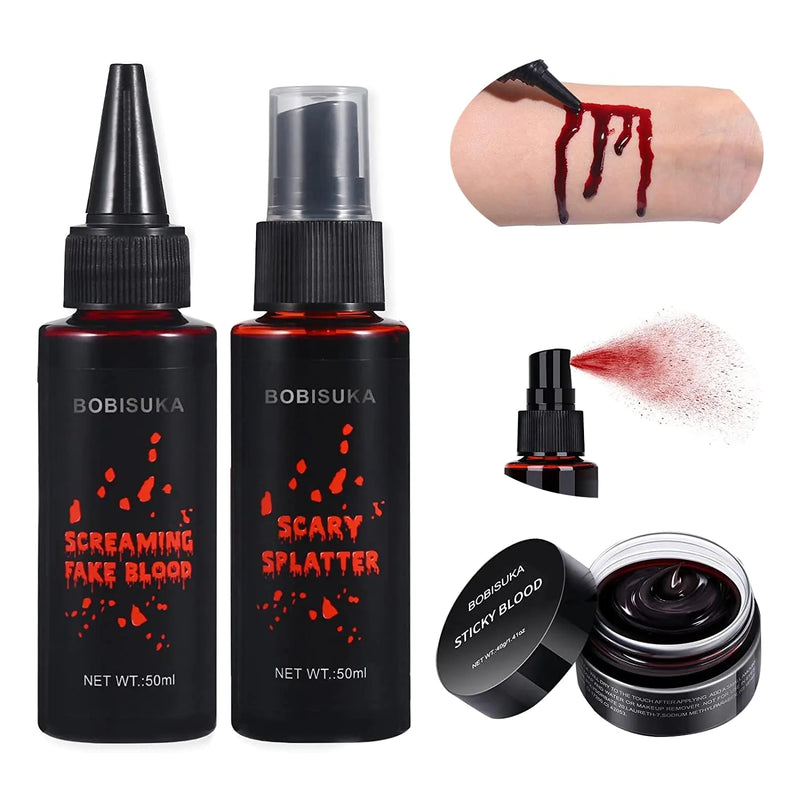 BOBISUKA 3PCS Halloween Fake Blood Makeup Kit - Coagulated Blood 1.41oz + Fake Blood Spray 1.76oz + Dripping Blood 1.76oz, Realistic Washable Special Effects SFX Makeup Set, for Zombie Vampire Monster